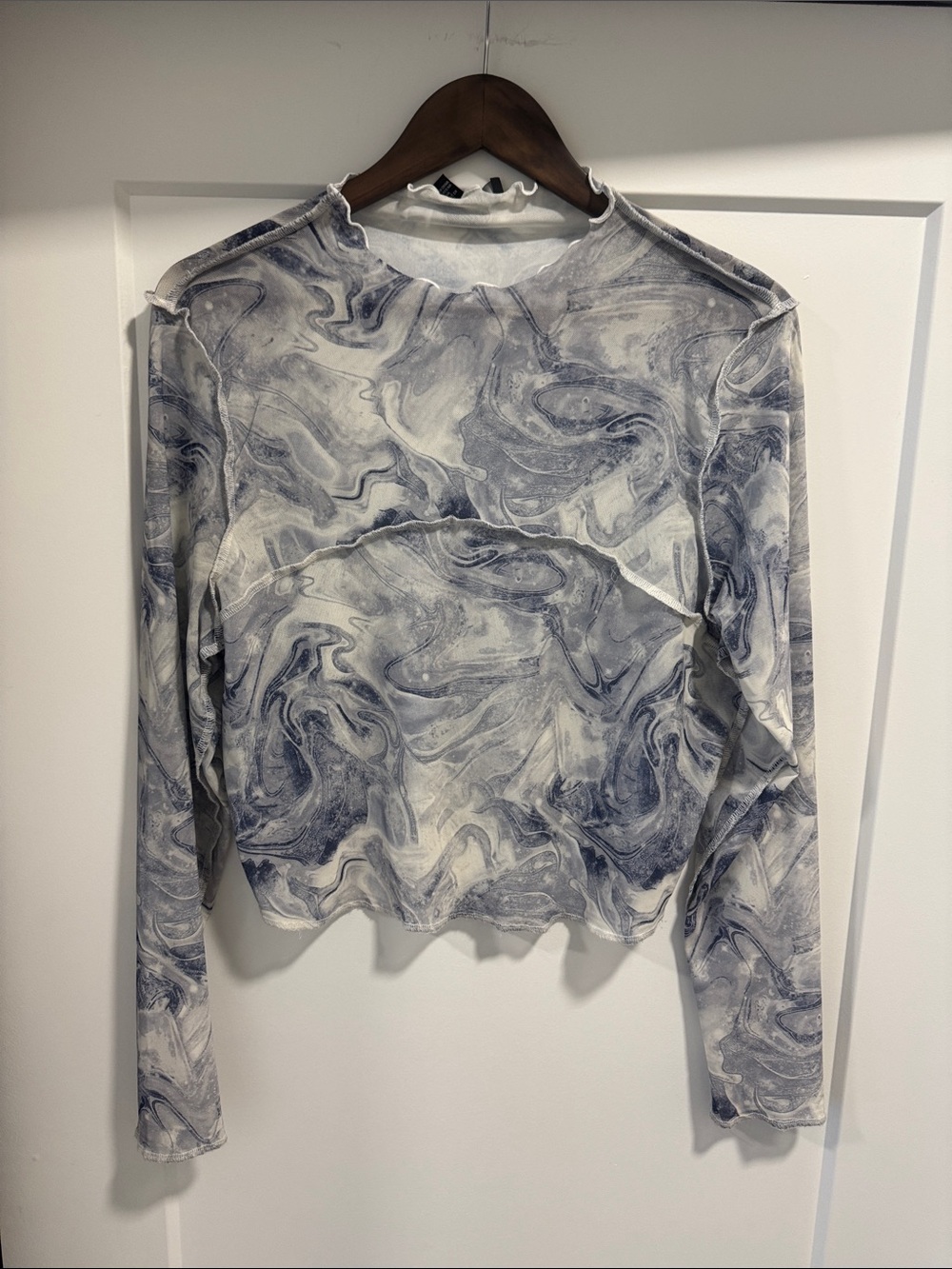 Marble-Print Long Sleeve Crop Top - Blue Wash
